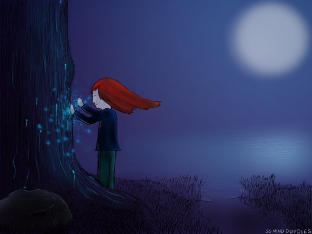 Red-haired person touching a tree at night, blue specs of light between the tree and person