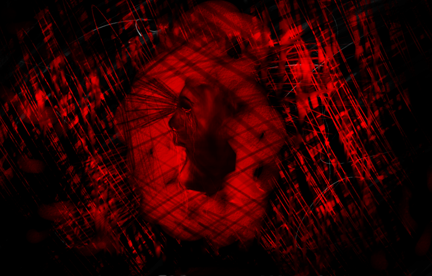 Red and black image with scratches around sides, person in the middle with blacked out eyes and lines coming from them