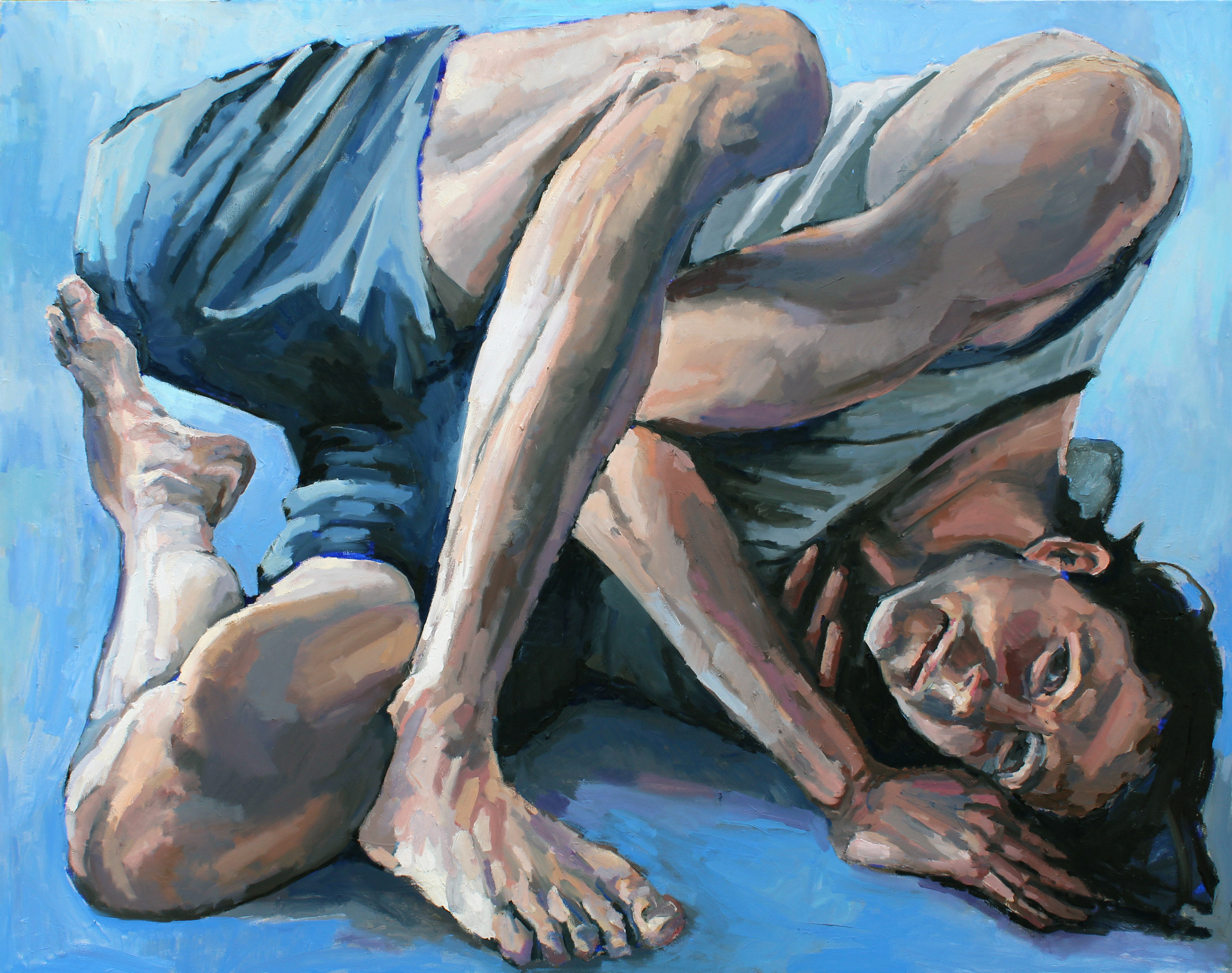 A painting of a man twisted into the frame of the canvas