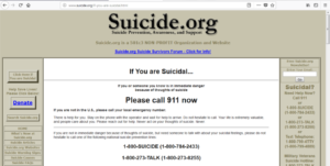 Image of directive to call 911 from Suicide.org