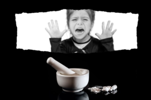 girl crying behind mortar and pestle