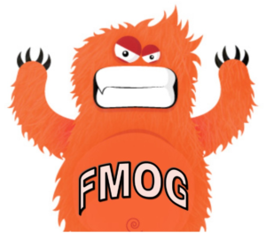 Orange, fuzzy monster with FMOG across its belly standing for 'For My Own Good"