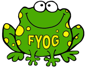 Frog with FYOG on its chest standing for "For Your Own Good"