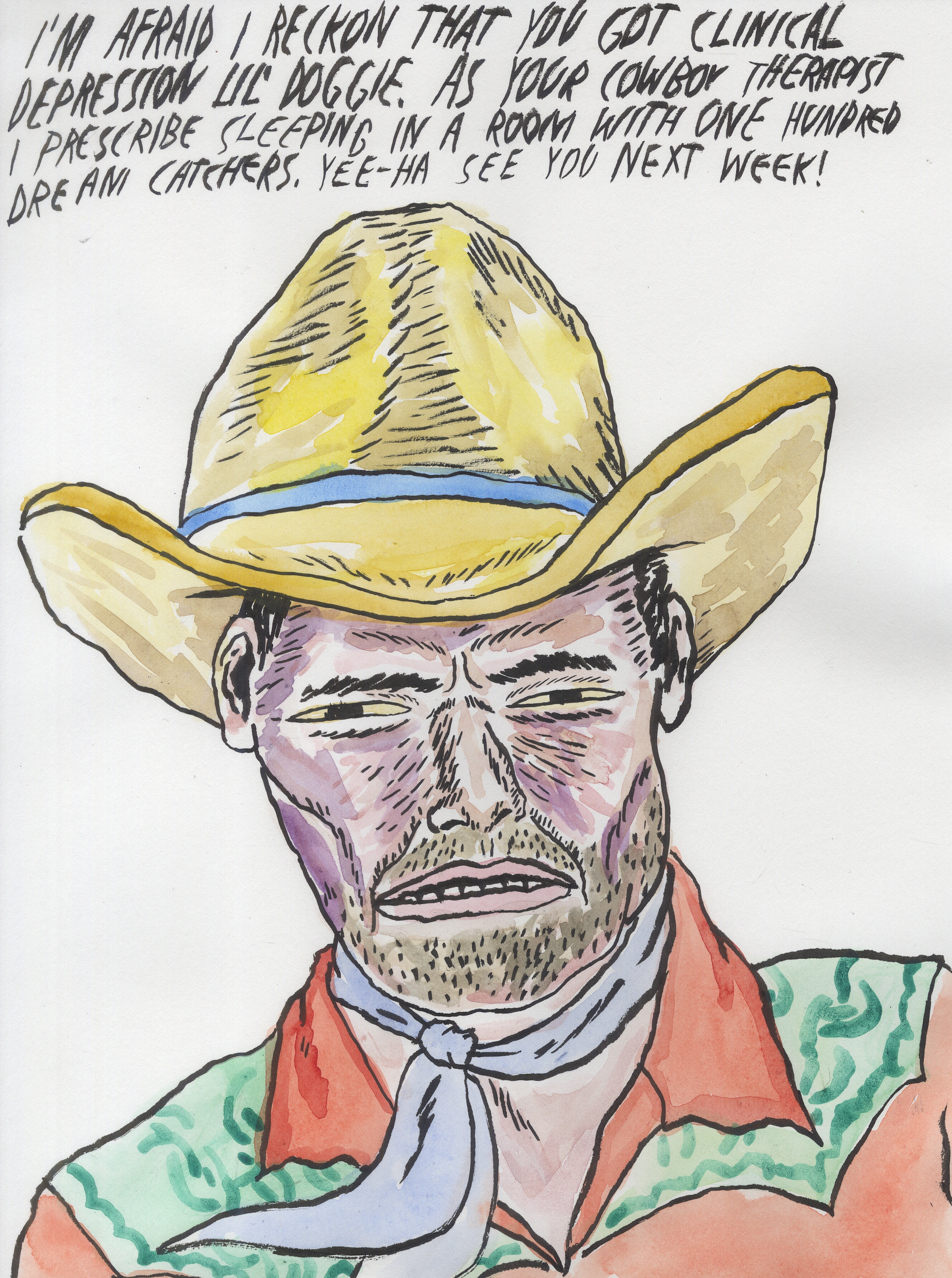 Cowboy with speech bubble. Recommends dream catchers for depression.