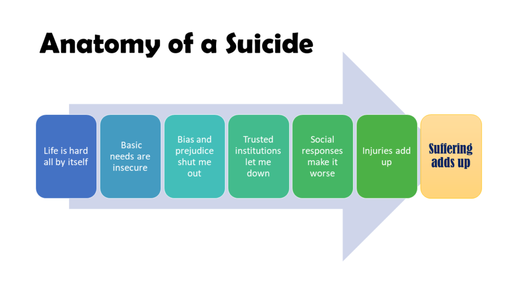 Anatomy of a Suicide Life is hard all by itself Basic needs are insecure Bias and prejudice shut me out Trusted institutions let me down Social responses make it worse Injuries add up Suffering adds up