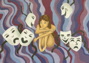 girl surrounded by masks (painting)