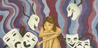 Peer Behind the Mask of My Smile girl surrounded by masks (painting)