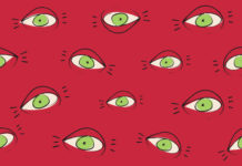 Mental Health Apps: AI Surveillance Enters Our World cartoon drawing of many eyes on red background