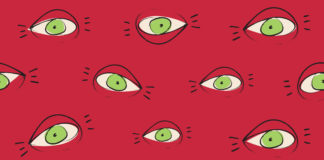 Mental Health Apps: AI Surveillance Enters Our World cartoon drawing of many eyes on red background