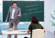 Psychiatry and the Stupidification of America Teacher lecturing student. Blackboard reads "Depression is caused by a chemical imbalance"