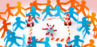 US Considering Policies That Will Lead to Mass Death Of Psychiatric Patients papercut figures surrounding quarantined COVID virus