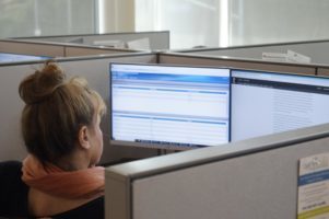 crisis worker answers calls in a cubicle.