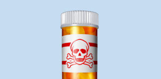 Gabapentin Horror pill bottle with skull and crossbones label