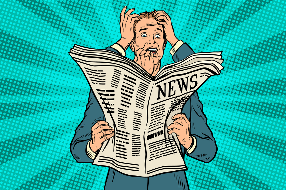 pop art drawing of man shocked by news in the paper