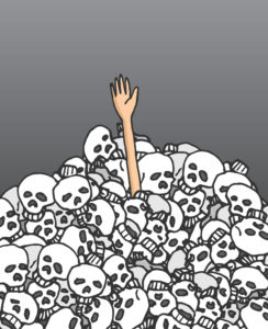 drawing of a hand reaching out of a pile of skulls