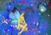 She Flies With a Broken Wing by Robin Edwards A painting of a fairy with butterfly wings on a bright blue, green and purple background