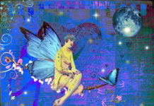 She Flies With a Broken Wing by Robin Edwards A painting of a fairy with butterfly wings on a bright blue, green and purple background
