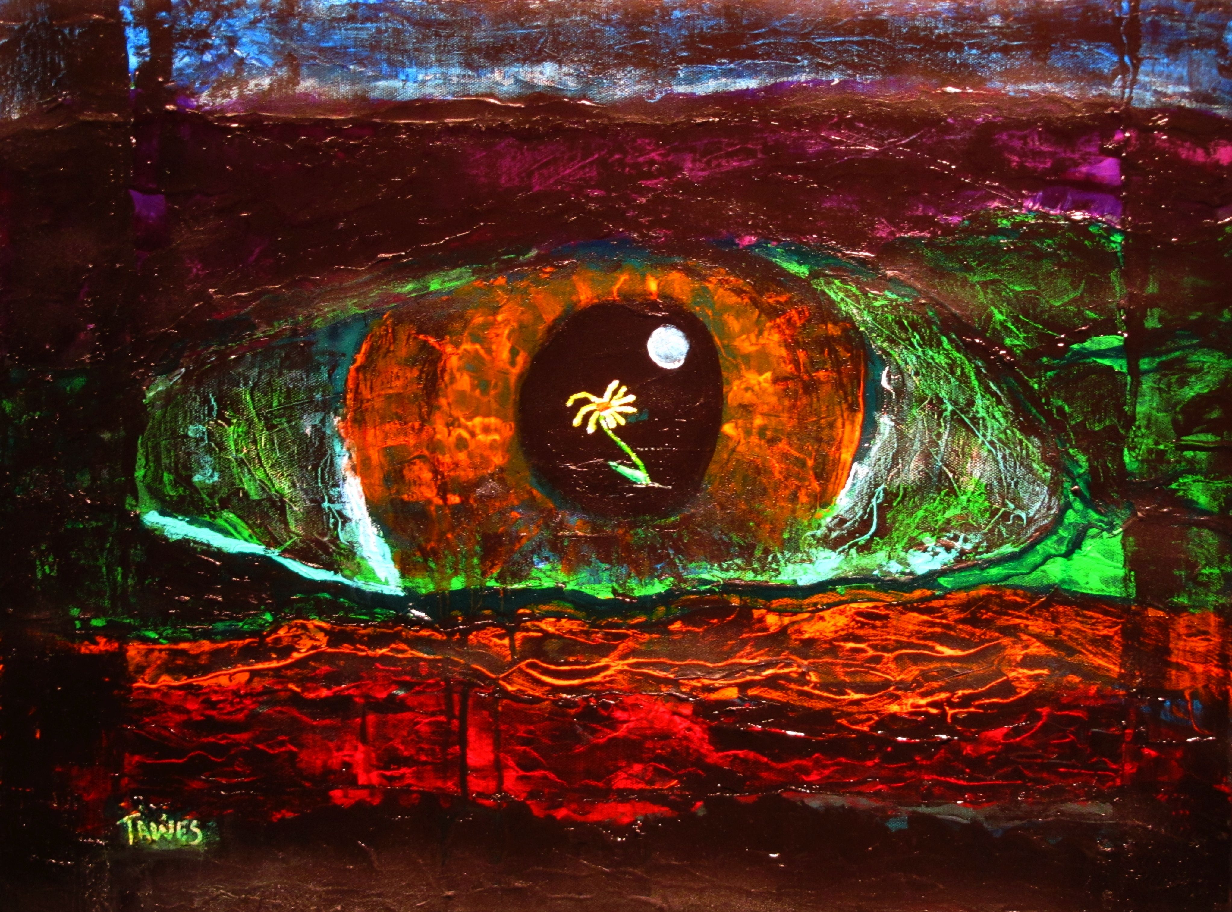 A colorful painting or an eye, the iris is red and the whites are green