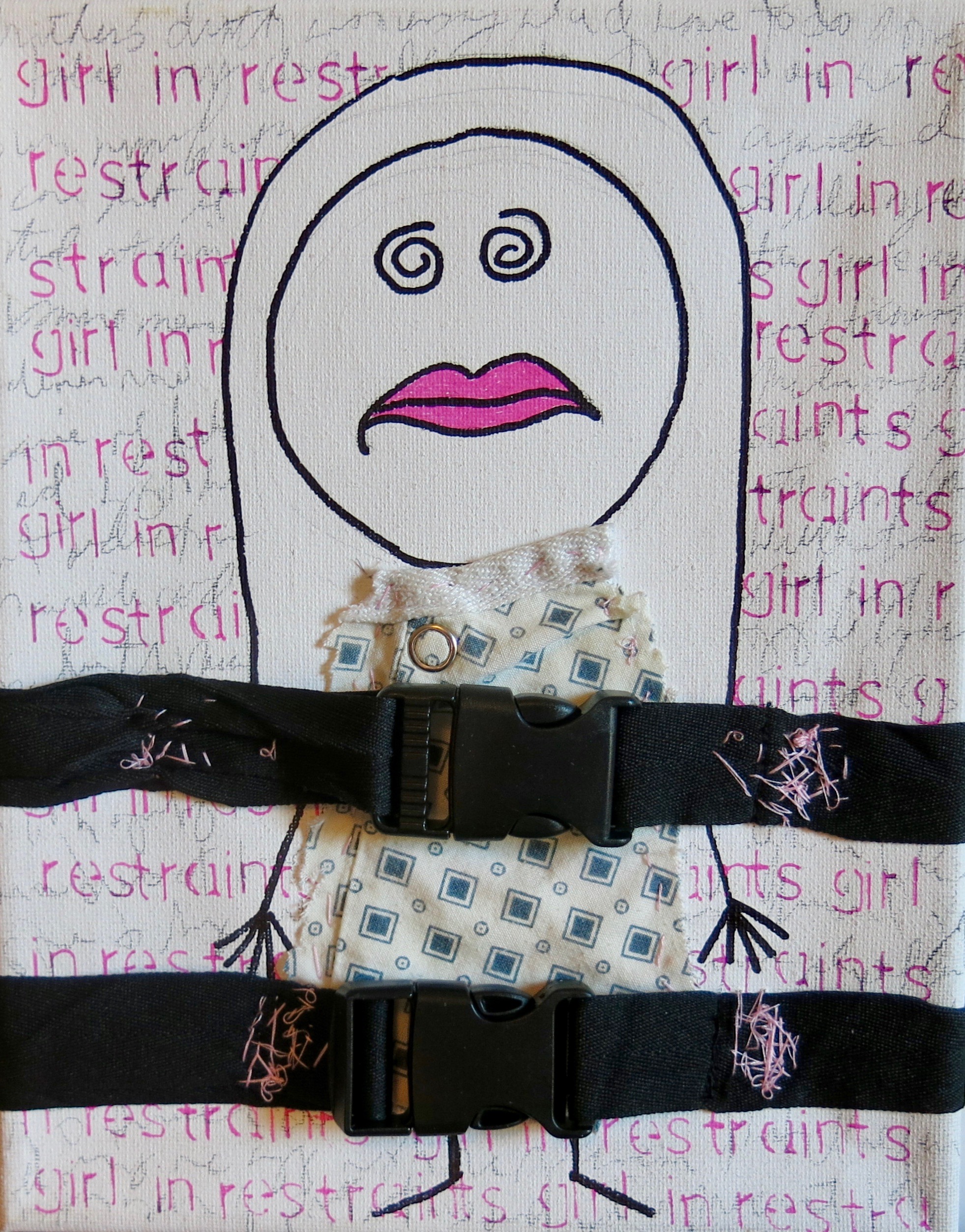 a multimedia collage of a girl in restraints