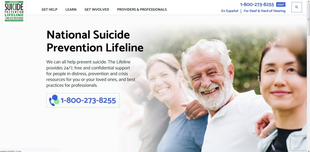 Screenshot of the National Suicide Prevention Lifeline homepage