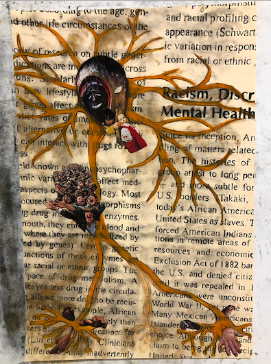 Painting of a neuron on top of text from a book