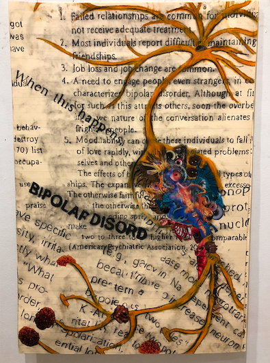 A painting of a neuron on top of text