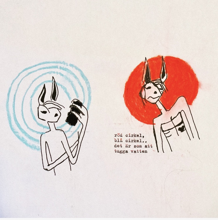 drawings of animal like human figures, one with blue circles around its head holding phone the other with a red circle