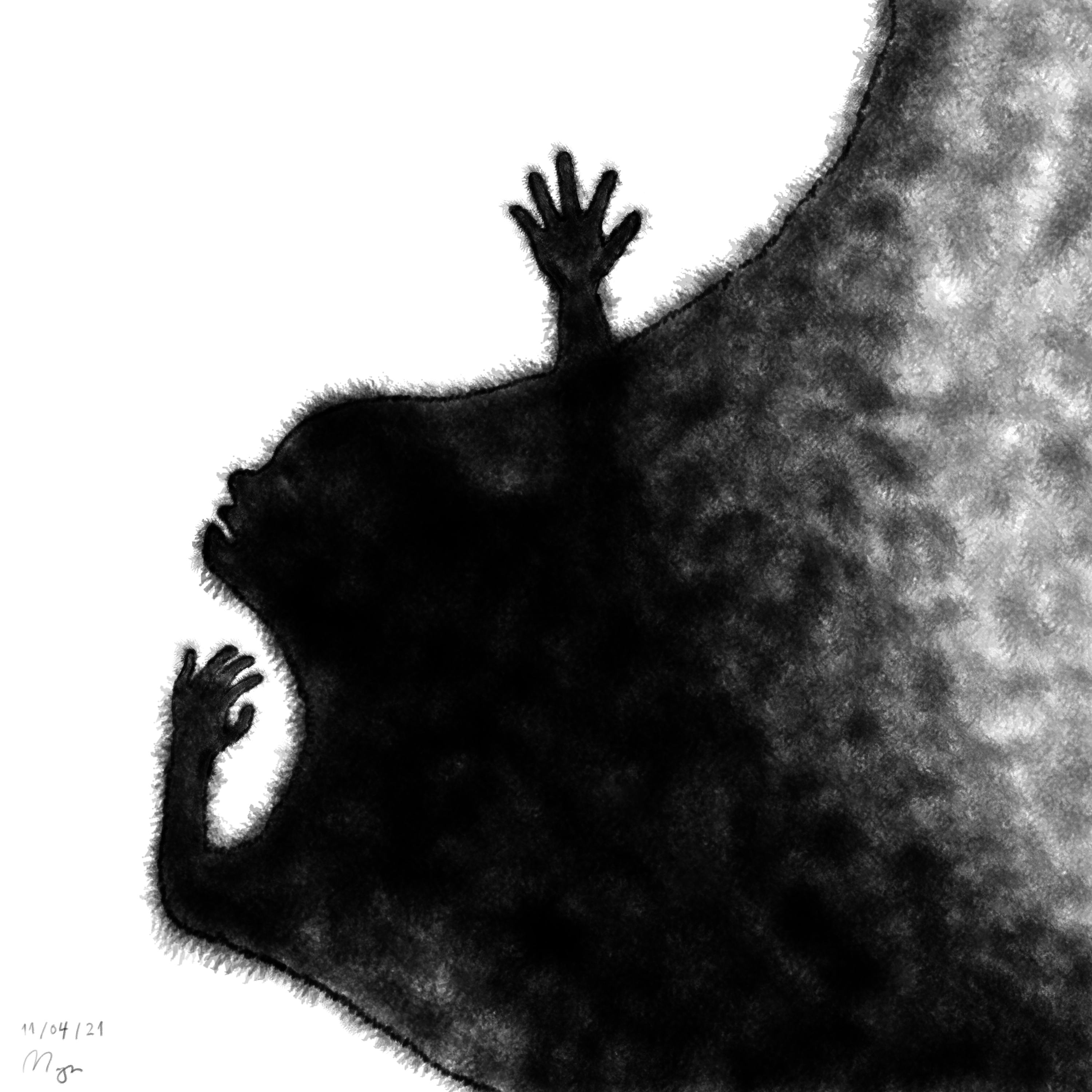A drawing of a dark figure trying to escape darkness