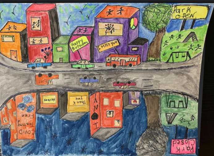 A colorful drawing of a street, with buildings, a park and cars. Signs that say happy birthday and I miss you.
