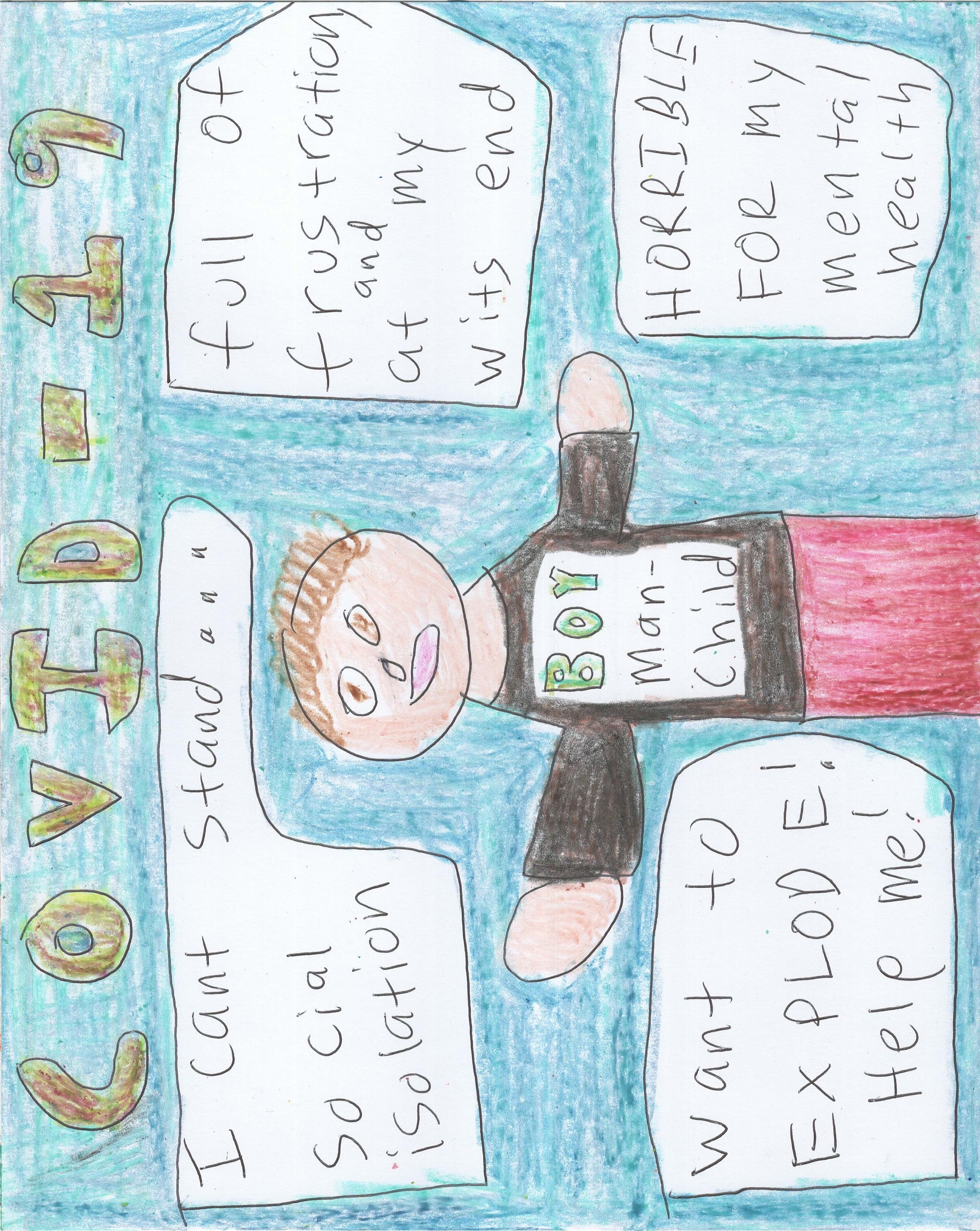 A cartoon of a boy with a shirt that says "boy man child" with some talk bubbles around him