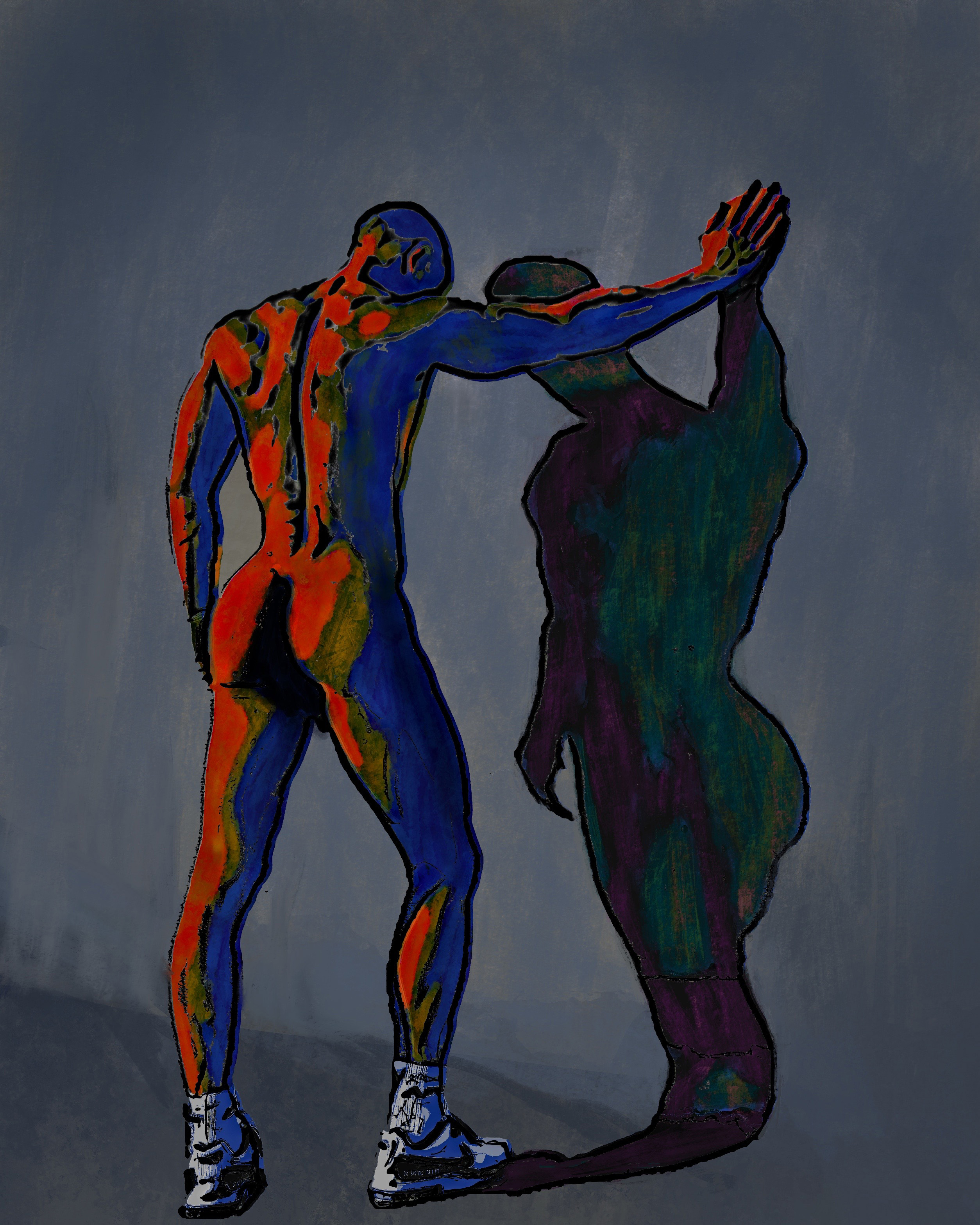 Me, myself and I by Bertel Rüdinger A painting of a man leaning on a wall with his shadow