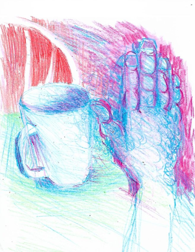 A colored pencil drawing of a hand and mug