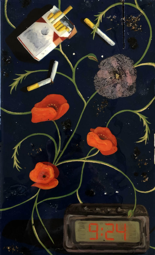 A painting of cigarettes, flowers and an alarm clock