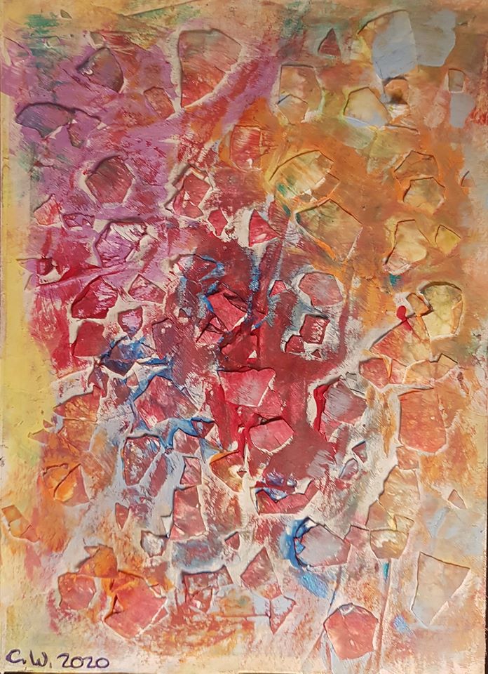 Pinks, reds, oranges, blues and yellows in blocks and washes on canvas