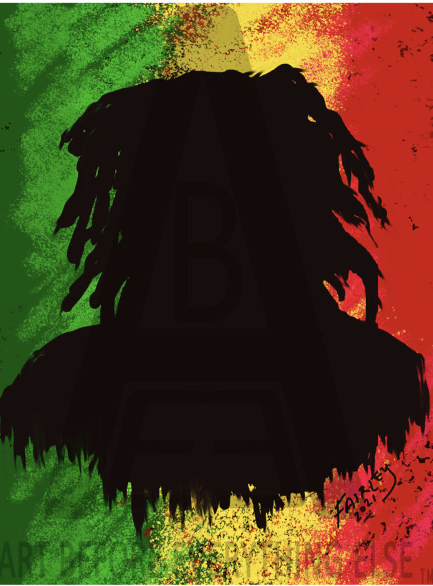 A silhouette of Bob Marley with the Rastafarian flag behind him