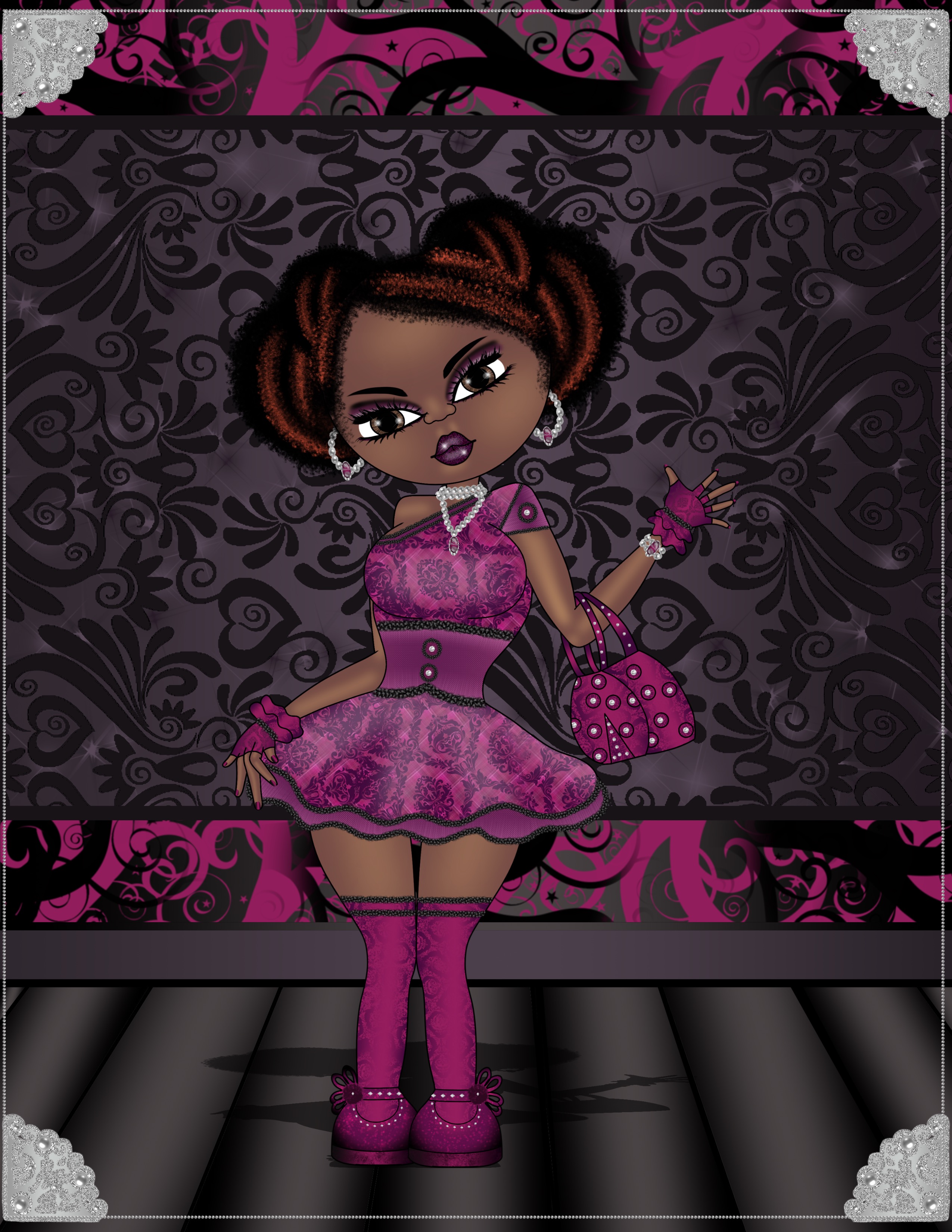 A digital cartoon of a woman dressed in a purple dress, caring a studded purse.