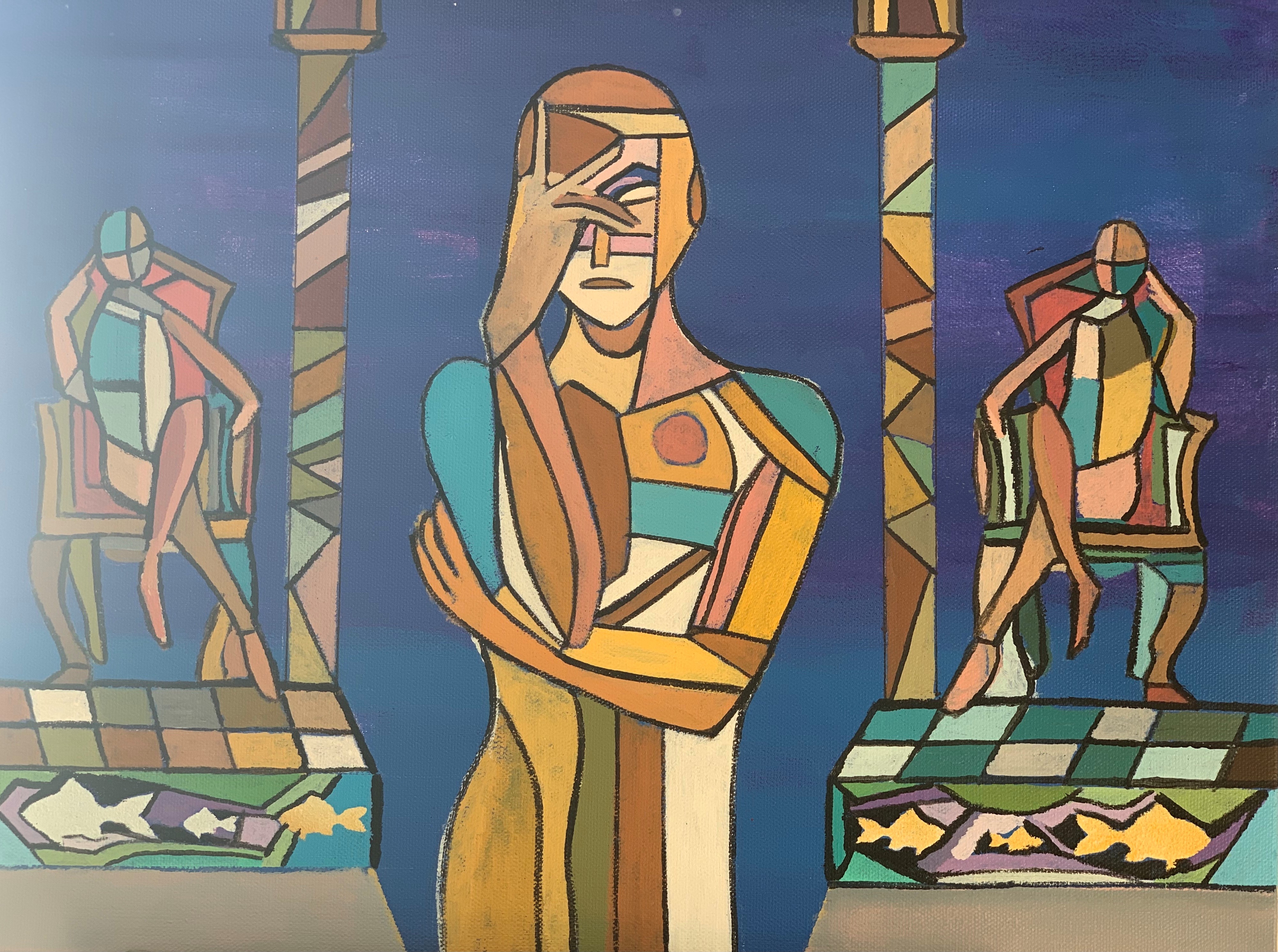 A geometric drawing of people in chairs and one standing with her hand on her face