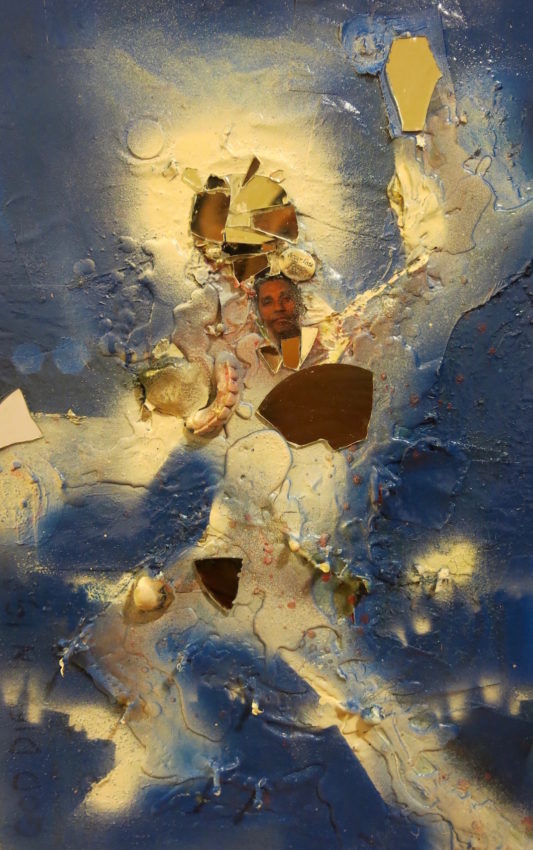 Blue and White background with abstracted man in the center