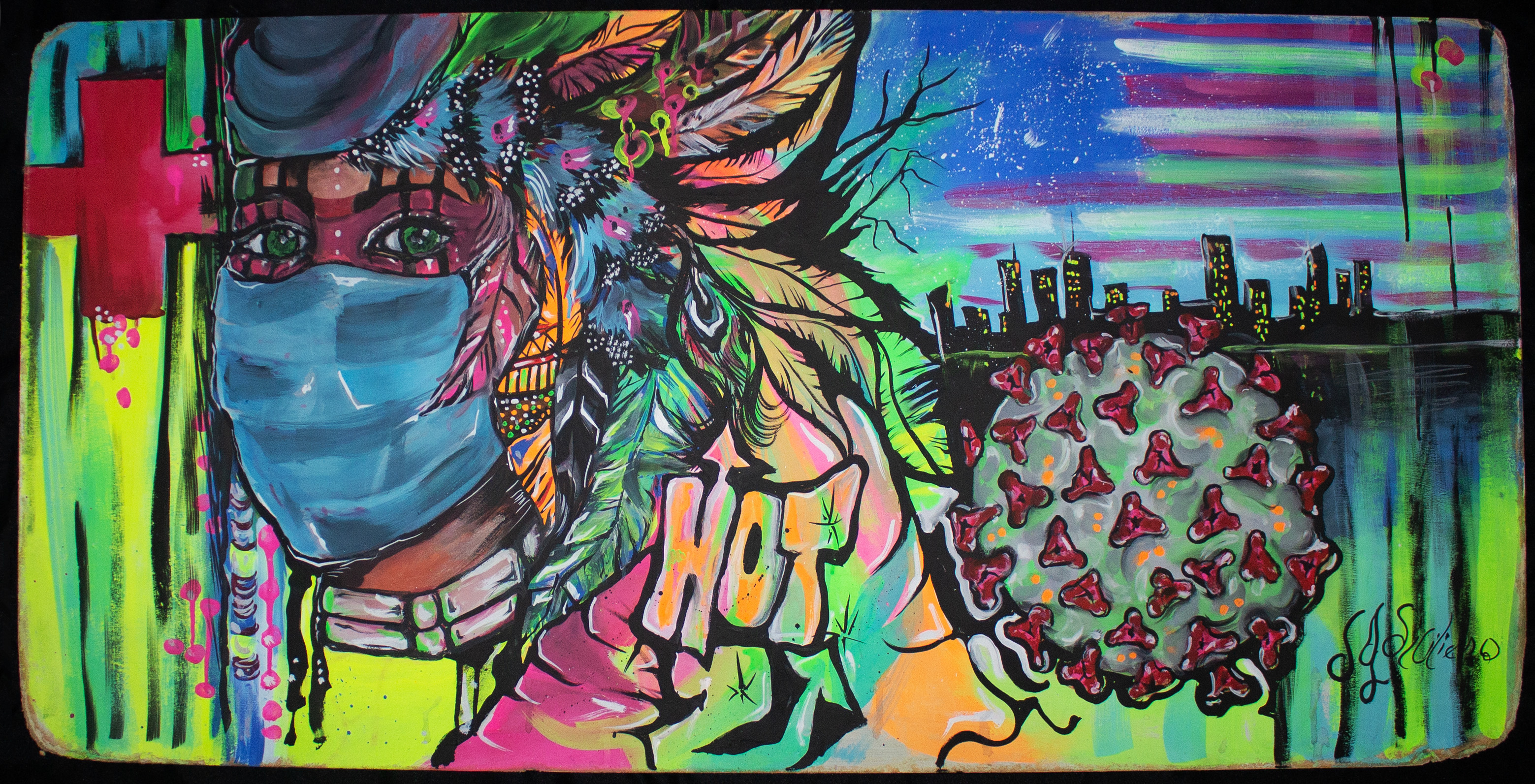 The Front Line by Jennifer Siciliano Illustration of a woman with a mask with the covid molecule