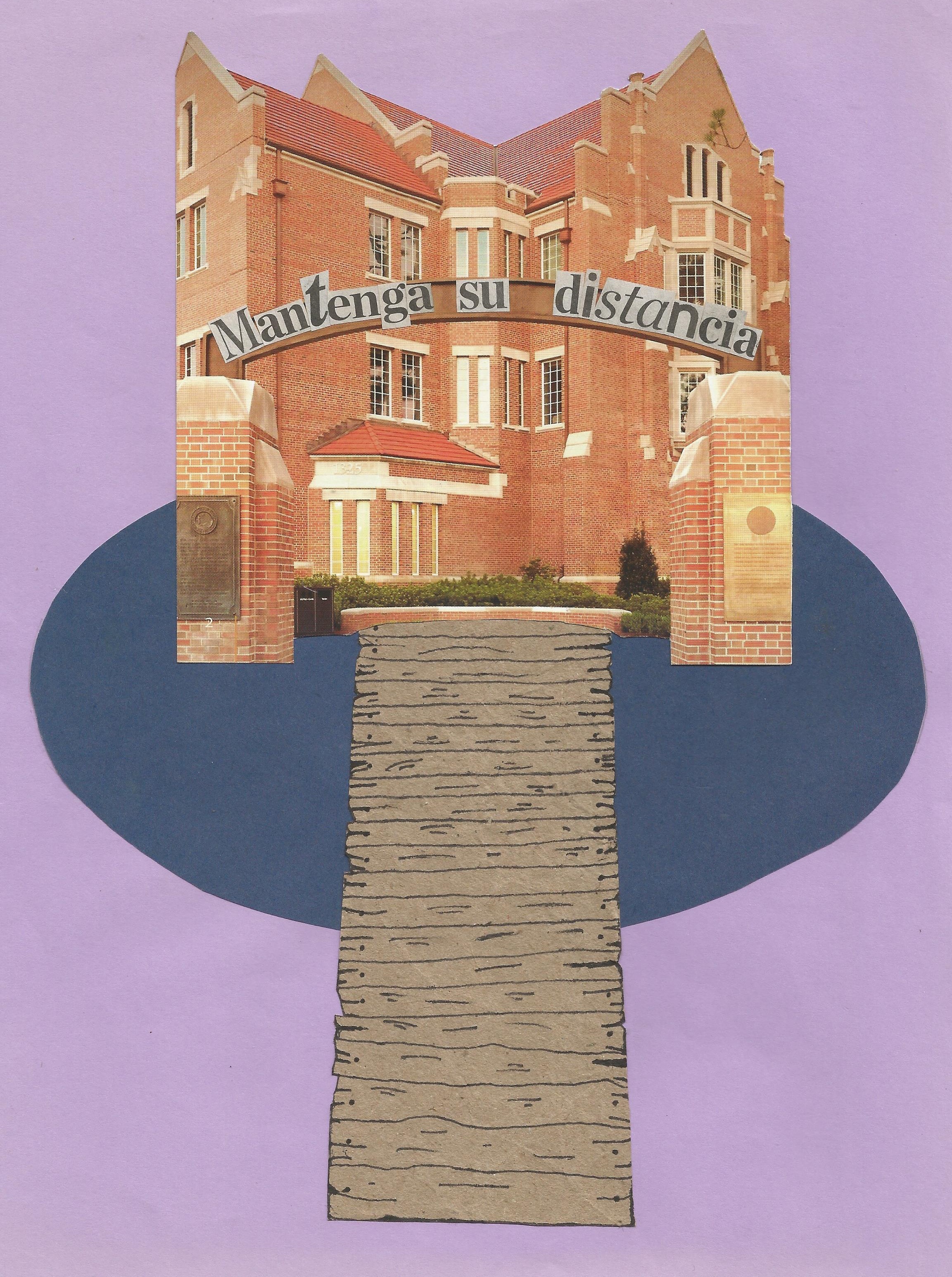 A collage of a house with a wooden bridge leading to it