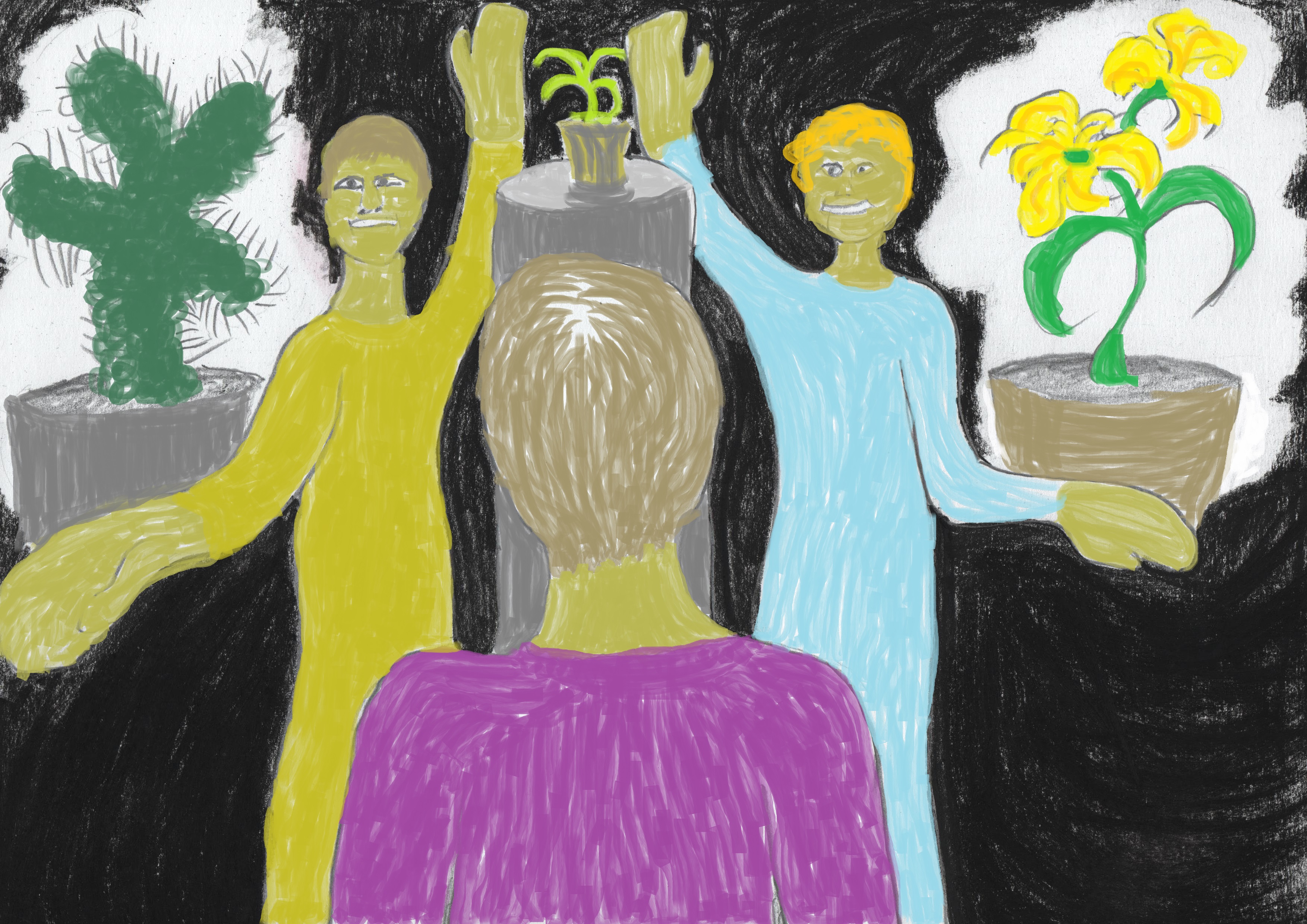 The back of a woman's head with two women facing her, in between them and around them are plants