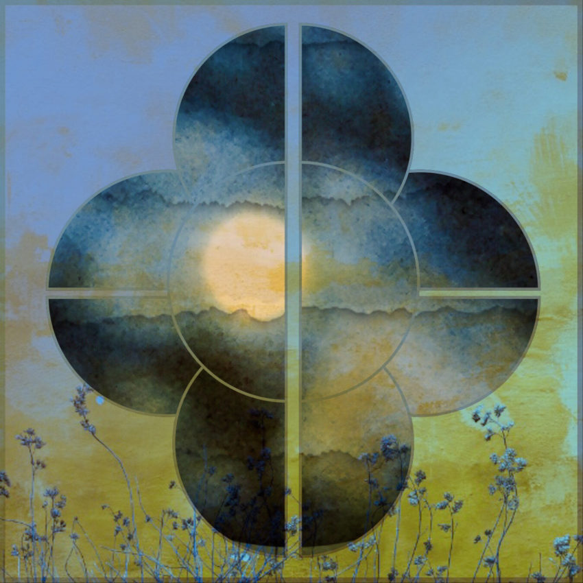 Geometrically framed view of the sun with flowers around it