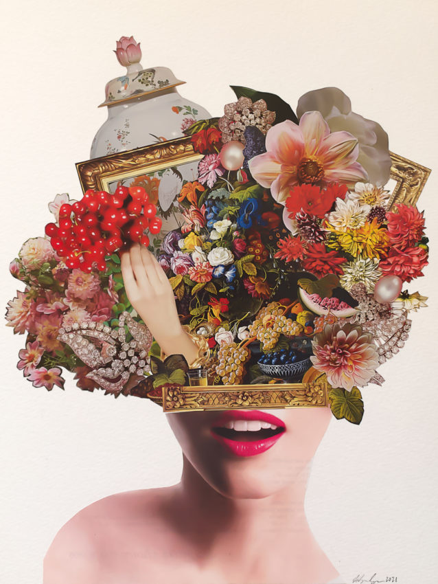 A collage of a woman with flowers and pictures bursting from her head