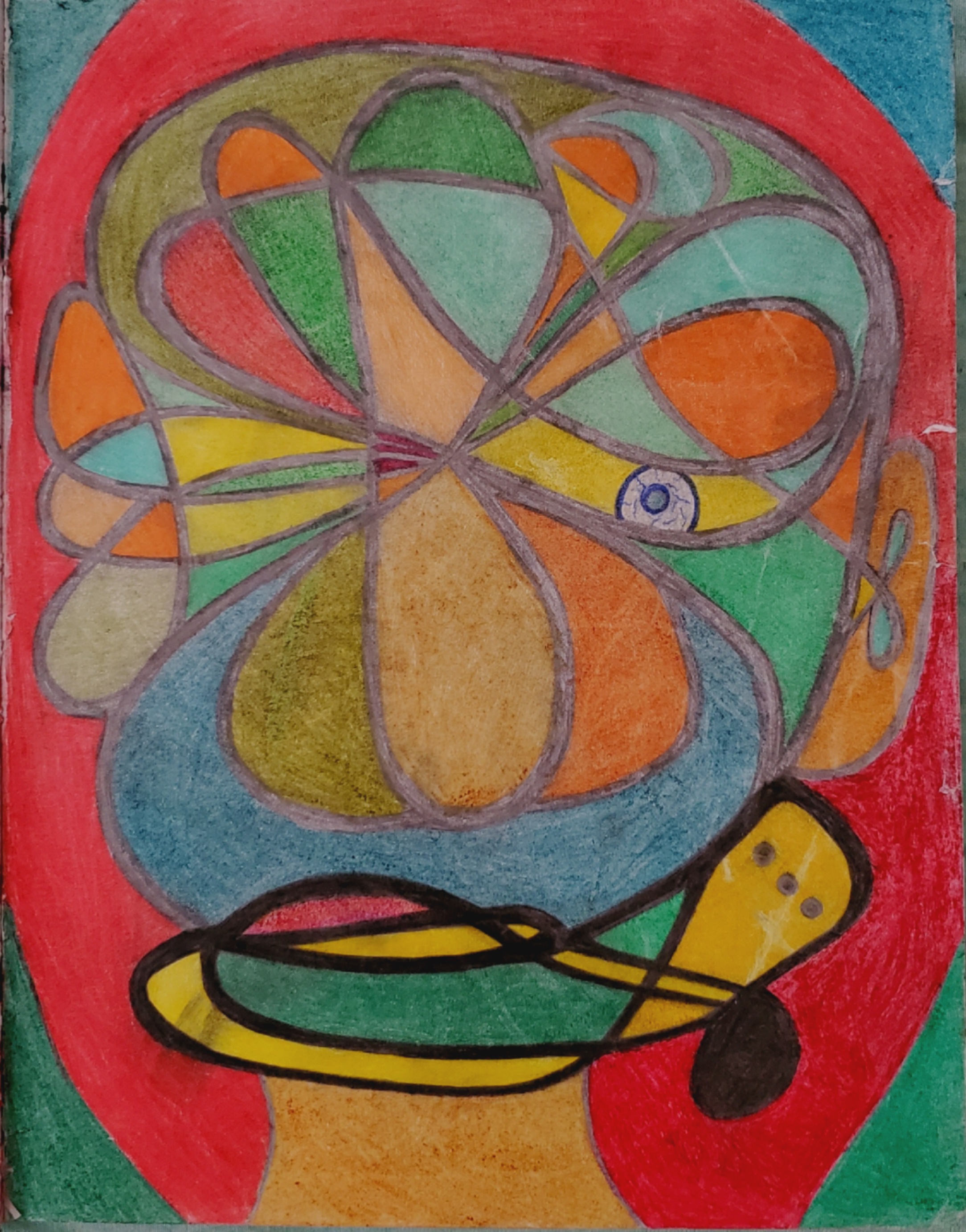 Colorful abstract drawing of a head with darker shapes colors and lines around the mouth