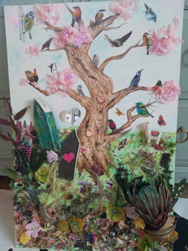 A collage of a tree, birds, flowers, grass other objects.