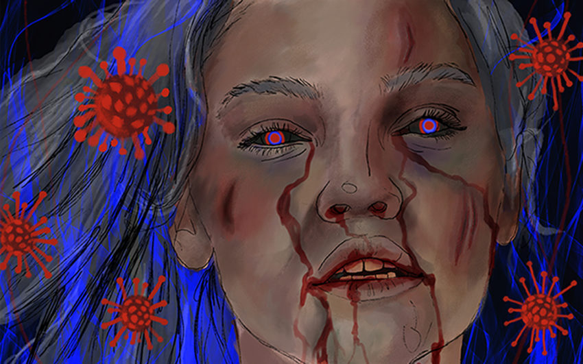 Face of a young girl, bleeding from the eyes surrounded by illustration of covid virus