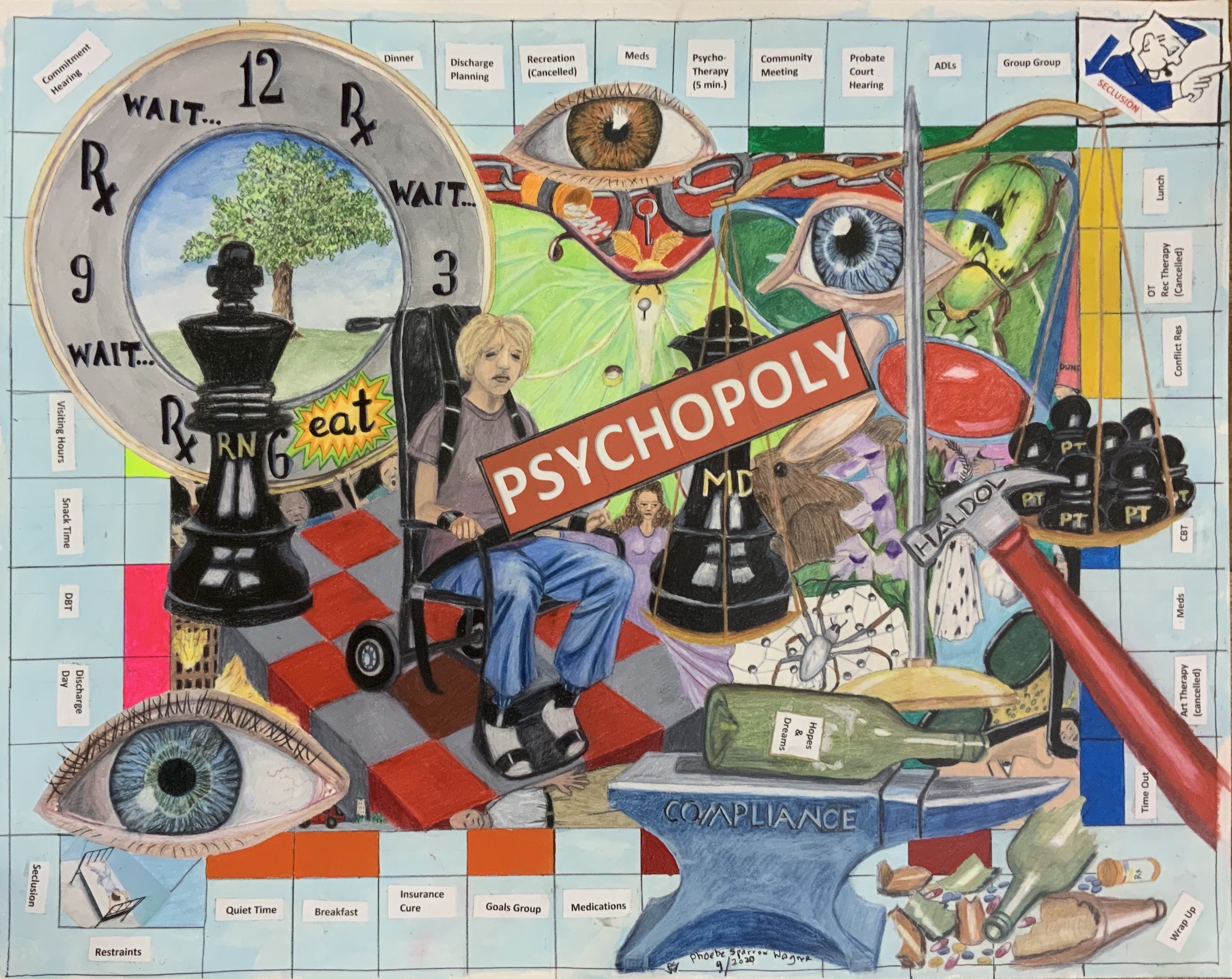 Psychopoly by Phoebe Wagner A collage of painted images on a monopoly board.