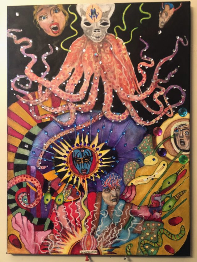 A colorful drawing of an octopus with a skull head, surrounded by faces and abstract shapes