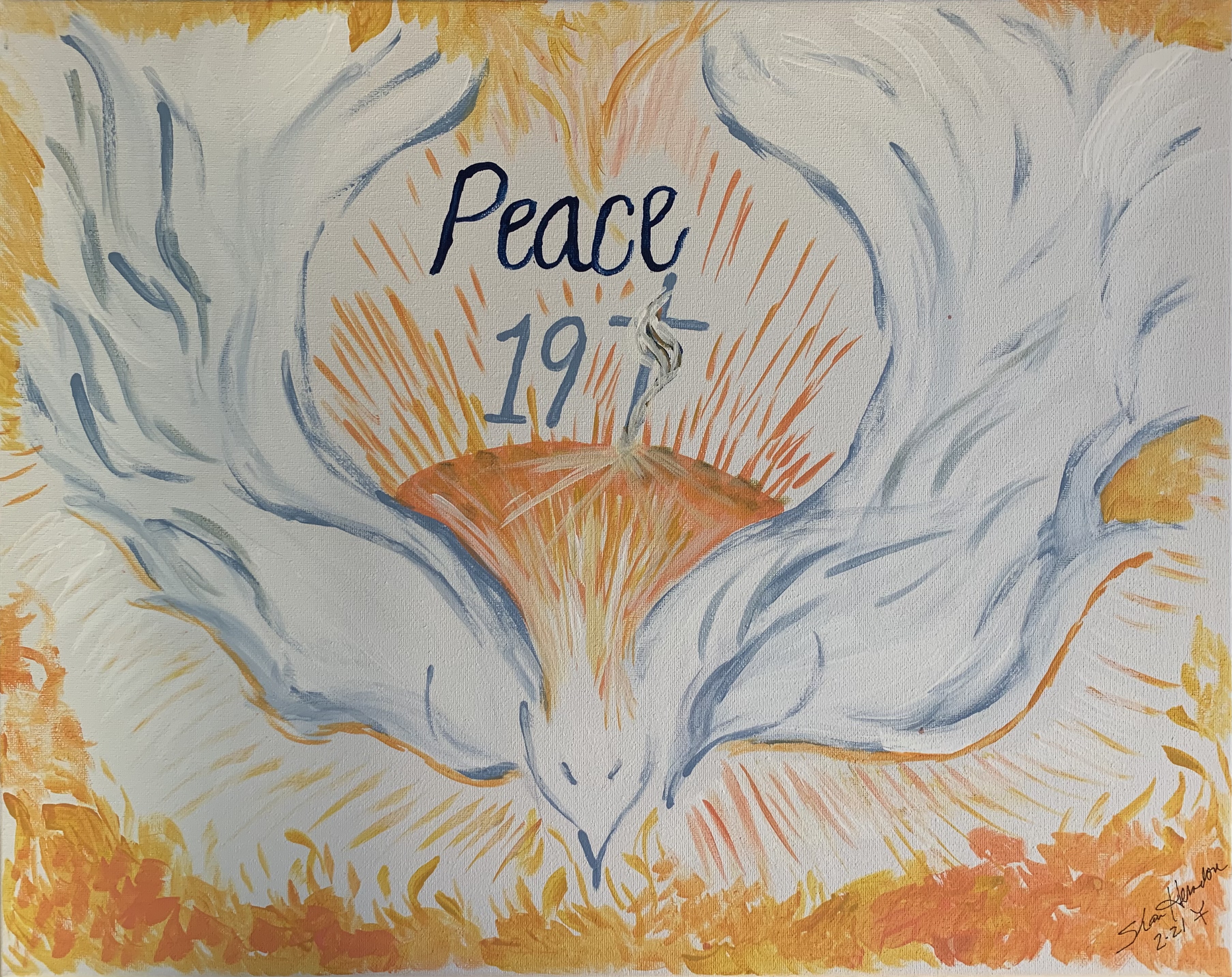 A drawing of a dove with the words Peace 19