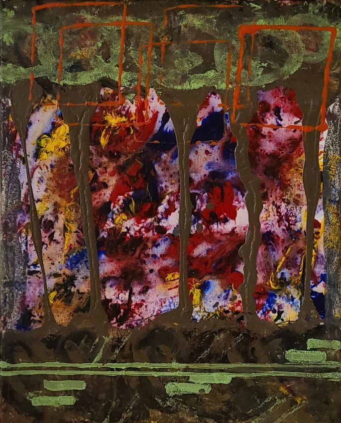 paint splatters in blues, reds and yellows, with green dripping paint